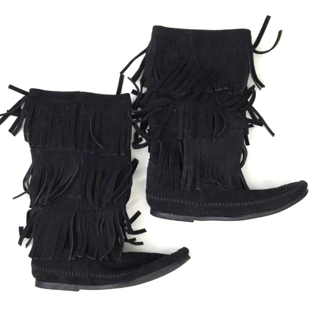 Minnetonka 3 Layer Fringe Boots Black Size 7 - image 4